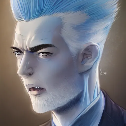Prompt: semi realistic anime illustration of short slick backed white haired man, wearing dark blue suit, with beautiful hyperdetailed sky blue eyes, grimacing, staring intensely, facing camera directly, full face portrait made by Stanley Artgerm, WLOP, Rossdraws, James Jean Andrei Riabovitchev, Marc Simonetti, Yoshitaka Amano, Artstation