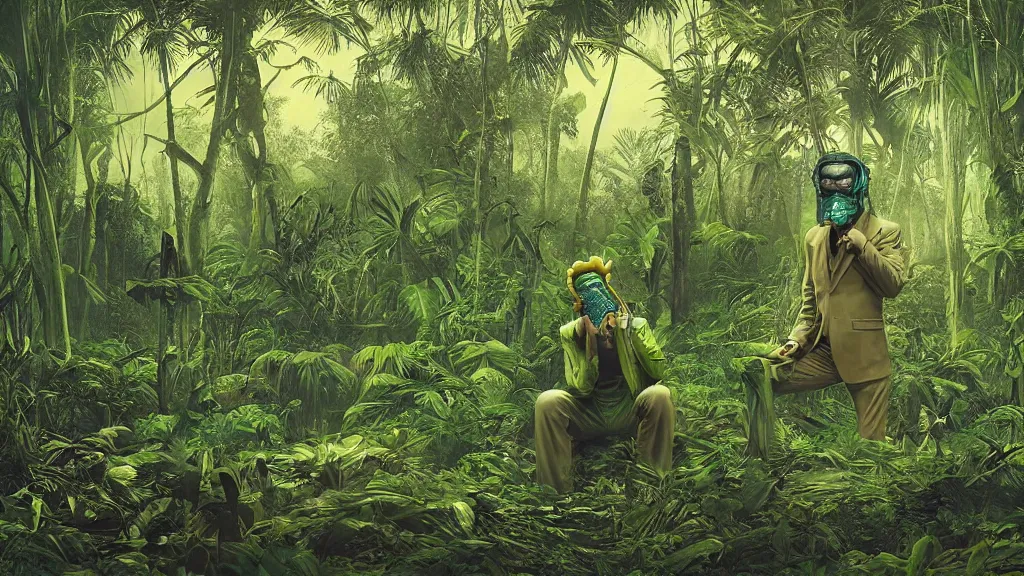 Prompt: snake oil saleman demigod with neon green mask in a swampy jungle landscape, visible sky and humid atmosphere, weekend in formosa by denis villeneuve, grant wood, wlop, kodakchrome, cinematic composition, practical effects, 8 k, trippy film from 2 0 1 9