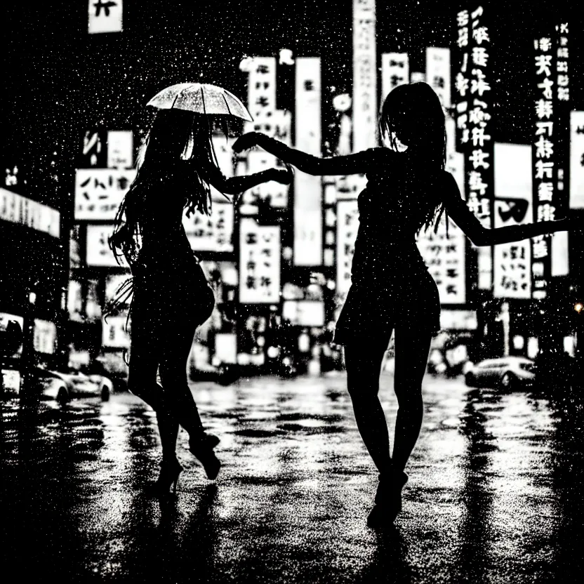 Image similar to a photo close up cyberpunk woman dancing in the rain, cyberpunk hiroshima, prefecture streets, midnight, photorealistic, cinematic lighting, highly detailed, bokeh, style by tomino - sama