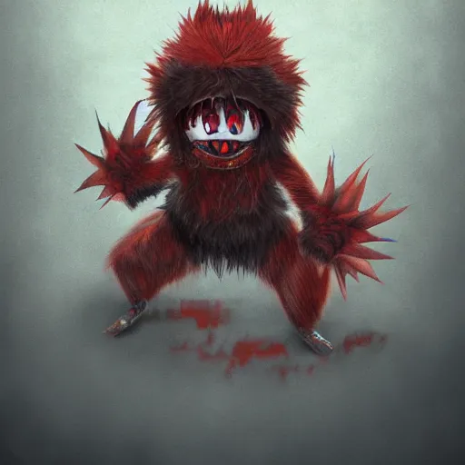 Image similar to scary anime Portrait of horrific Youppi the Habs Montreal Canadiens Mascot as a very dead powerful and violent pokemon, highly detailed anime, high evolution, 1990s, haunted shiny legendary, darkness, smooth, sharp focus, dynamic lighting, intricate, trending on ArtStation, stuff of nightmares, illustration pokemon, art by WLOP