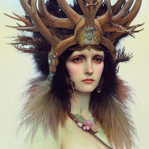 Image similar to a detailed portrait of a green haired brown eyed queen of feathers with an antler crown by wayne barlowe and mucha