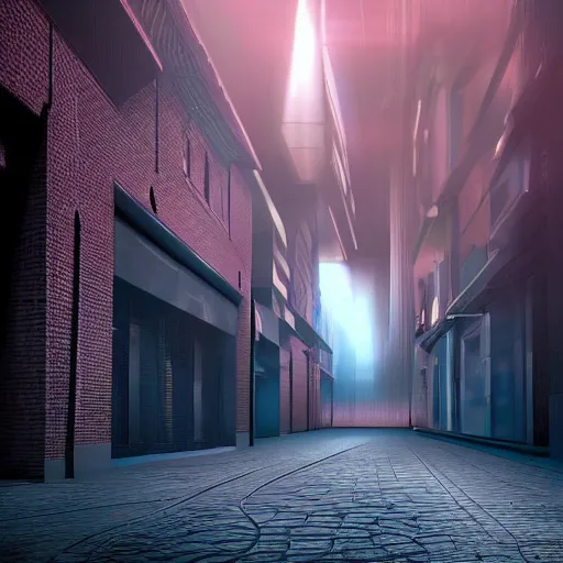 Image similar to futuristic urban city at dusk. figure is obscured by darkness with two bright, shining eyes peering out from the shadows of an alley. cgartist. leading lines. volumetric lighting. god rays.