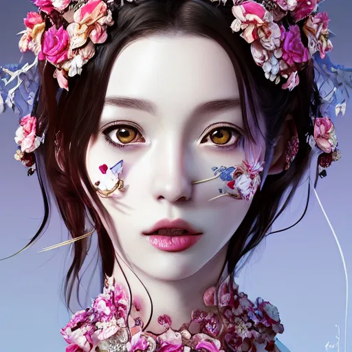 Prompt: the portrait of the absurdly beautiful, graceful, elegant, gorgeous, fashionable photorealistic boring anime european woman made of cherries and white petals with tears, an ultrafine hyperdetailed illustration by kim jung gi, irakli nadar, intricate linework, bright colors, octopath traveler, final fantasy, unreal engine highly rendered, global illumination, radiant light, intricate environment