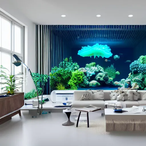 Image similar to photo of the modern room as aquarium with a big jellyfish and corals, realistic colors, realistic shadows, daylight made in blender, 3 d by beeple and damian hirst