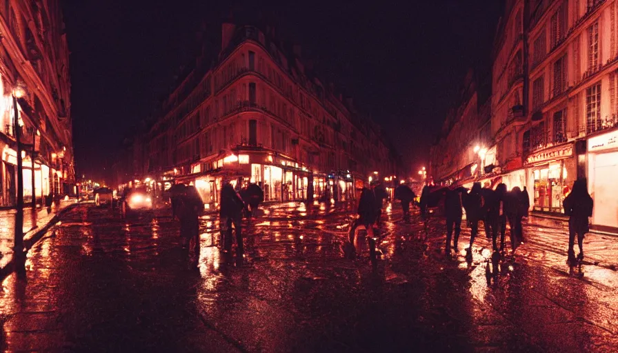Image similar to street of paris photography, night, rain, mist, a umbrella pink, cinestill 8 0 0 t, in the style of william eggleston