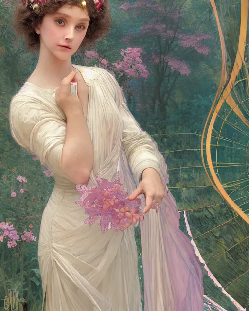 Image similar to a beautiful painting of a shy, blushing princess in a tiara and an iridescent art nouveau gown resembling millie bobby brown watching the lantern festival, intricate, elegant, highly detailed, digital painting, artstation, concept art, by krenz cushart and artem demura and william adolph bouguereau and alphonse mucha