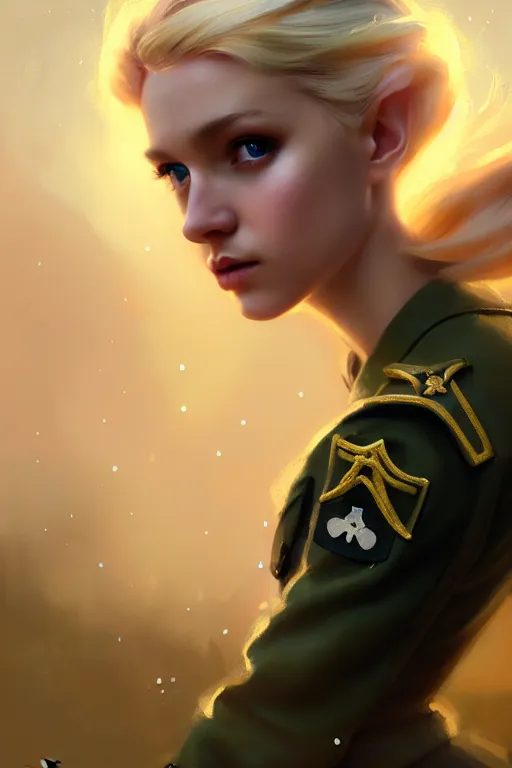 Image similar to cinematic shot of an epic portrait of a cute blonde fairy dressed in military clothes, stylised military clothes, shiny skin, beautiful eyes, beautiful, small details, night setting, realistic poster with volumetric light from craig mallism, artgerm, jeremy lipkin and michael garmash, unreal engine, radiant light, digital art, trends at art station, a masterpiece