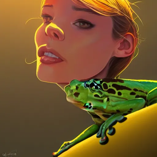 Image similar to portrait of a frog, field background, rich vivid colors, ambient lighting, dynamic lighting, 4k, HQ, official media, Makoto Shinkai, Ilya kuvshinov, Lois van baarle, rossdraws, detailed, trending on artstation