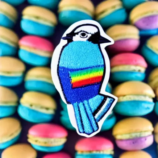 Image similar to A blue jay standing on a large basket of rainbow macarons.