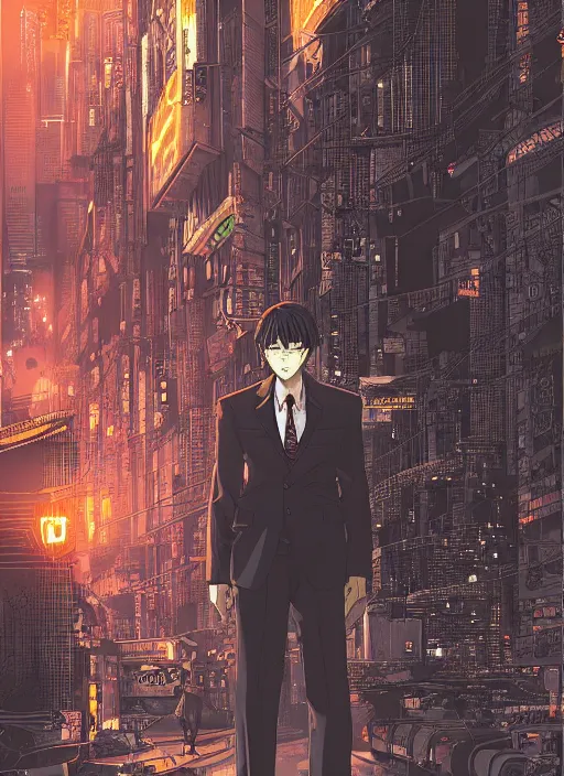 Prompt: manga cover, anthromorphic orange man in a black business suit, intricate cyberpunk city, emotional lighting, character illustration by tatsuki fujimoto