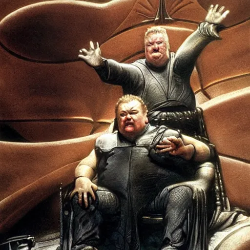 Image similar to ray winstone as baron harkonnen sitting on throne in dystopian science fiction hall in 1982 movie dune, by boris vallejo