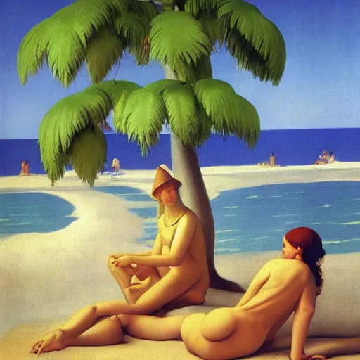 Image similar to a dream-vacation in the tropical beach by Raphael, Hopper, and Rene Magritte. detailed, romantic, enchanting, trending on artstation.