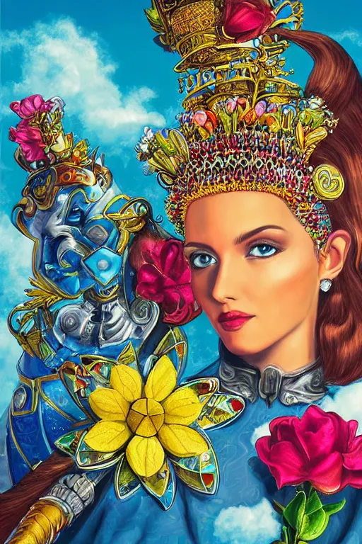 Image similar to colorful retrofuturistic digital airbrush illustration of a knight wearing an ornate chrome headpiece and holding a flower with a landscape and sky in the background by luigi patrignani