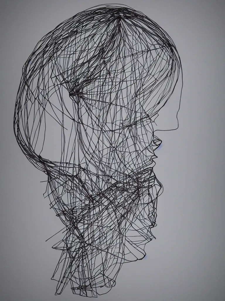 Prompt: beautiful elegant hanging thick wire art of a symmetrical and expressive female human figure face artistic