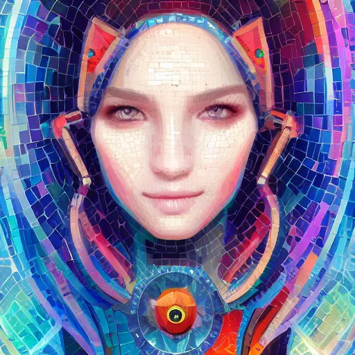 Image similar to mosaic portrait of a beautiful young girl with robot ears falling into the universe by Ross Tran, 4k, intricate details