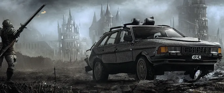 Image similar to Armored and Armed Military Audi 80 B3 Avant (1988) with a mounted M249 with soldiers on, Dark Souls 3, Eldritch Horrors, Wretched and Corrupted Knights, Battle, Fight, gunshots fired, a grim fantasy, Anor Londo, dramatic lighting, cinematic, establishing shot, extremely high detail, photorealistic, cinematic lighting, artstation, by simon stalenhag