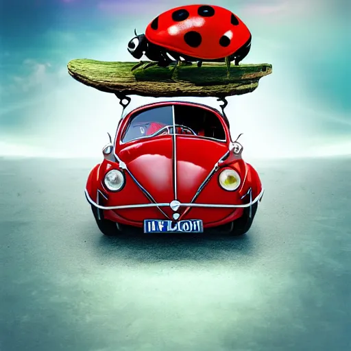 Image similar to a hybrid giant lady bug is merged with'herbie the love bug'car, digital art, phtorealistic, imax, 7 0 mm, movie still