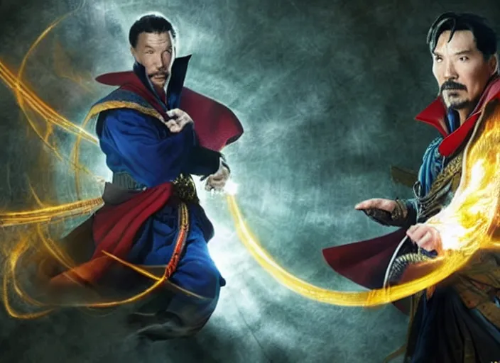 Image similar to dr. strange casting a shield spell in the metaverse with a shiba inu samurai at his feet, hyper realistic, highly detailed, perfect face, smooth, focus