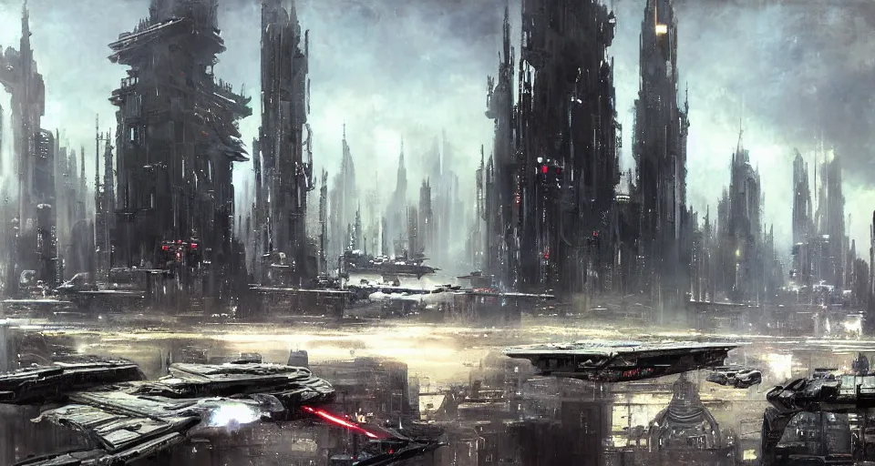 Prompt: star wars cityscape, by jeremy mann, peter elson.