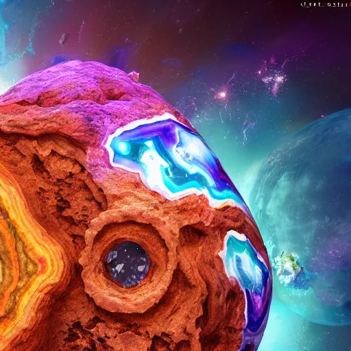 Image similar to a cracked open colorful geode as big as a planet, in orbit, sci-fi, cgsociety,4k,ultrarealistic,detailed
