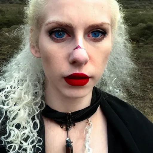 Prompt: a beautiful english woman with a long face narrow nose pale skin blue eyes red lips and wild messy tangles of curly white blonde hair, high resolution film still wearing a black robe and skull necklace and holding a spear, sandy, a journey to the west