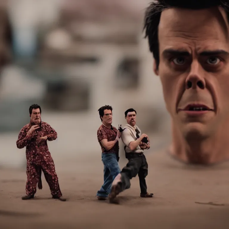 Prompt: a cinematic film still of a claymation stop motion film starring johnny knoxville and steve - o, portrait, shallow depth of field, 8 0 mm, f 1. 8