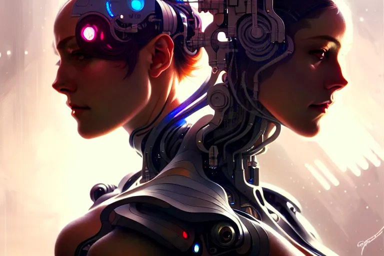 Image similar to ultra realistic, beautiful cyborg woman, sci-fi, fantasy, cyberpunk, intricate, elegant, highly detailed, digital painting, artstation, concept art, smooth, sharp focus, illustration, art by artgerm and greg rutkowski and alphonse mucha