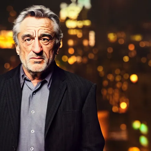 Image similar to a still of Robert De Niro . Shallow depth of field. City at night in background, lights, colors ,studio lighting, mood, 4K. Profession photography