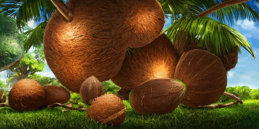 Prompt: the kokonut nut is a giant nut, coconut, coconut, cartoon, cartoon, highly detailed vfx, cinematic, volumetric lighting,