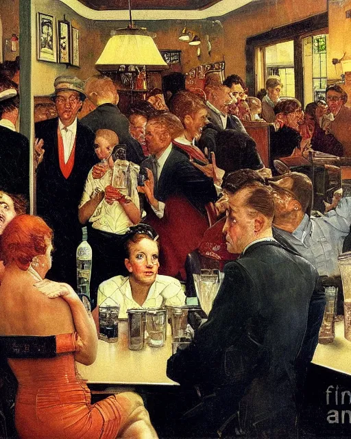 Image similar to crowd of people in a bar in the style of Norman Rockwell and Francis Bacon and Edward Hopper. Strange interior living room with lots of people, surreal