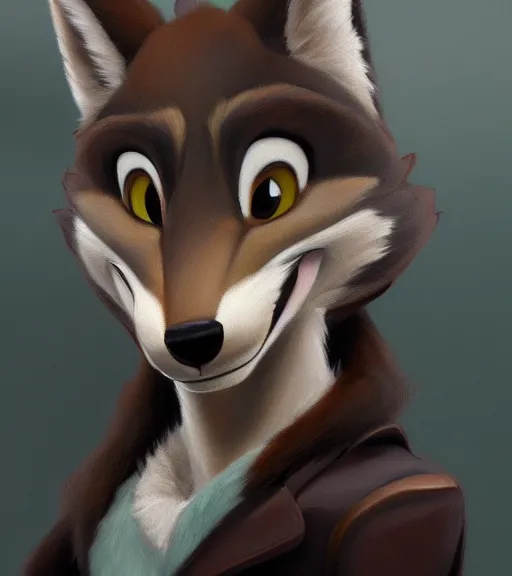 Image similar to full figure oil painting of anthromorphic furry female wolf, in style of zootopia, female fursona, furry, furaffinity, 4 k, deviantart, furry art, fursona art, wearing black business suit, business suit, wolf fursona, expressive feminine face, female,