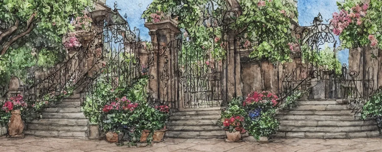 Image similar to flower, courtyard walkway, fountain, castle, stairway, chairs, wrought iron, gate, tree, delicate, botanic garden, road, botanical herbarium paper, watercolor colored painting, iridescent colors, 8 k, realistic shaded, fine details, artstation, italian style, colonnade