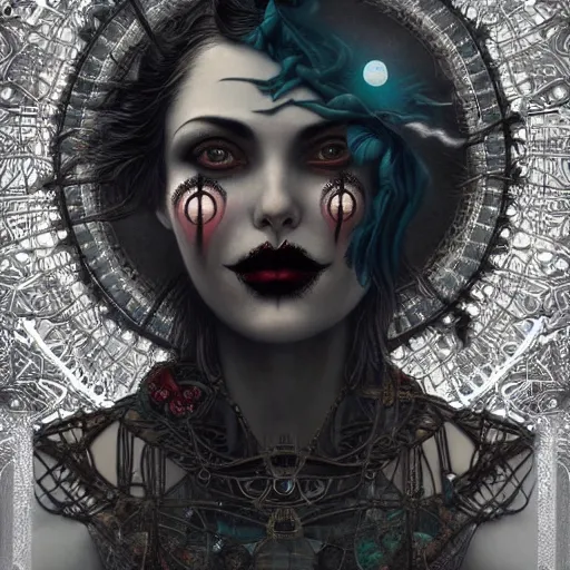 Prompt: By Tom Bagshaw, ultra realist soft painting of a curiosities carnival by night, very beautiful female steampunk Clown in full gothic dress, symmetry accurate features, very intricate details, omnious sky, black and white, volumetric light clouds