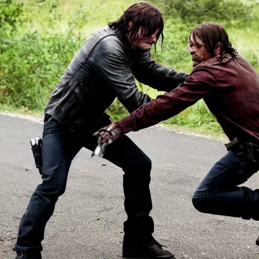 Image similar to Norman reedus fighting off a walker, movie still from the walking dead