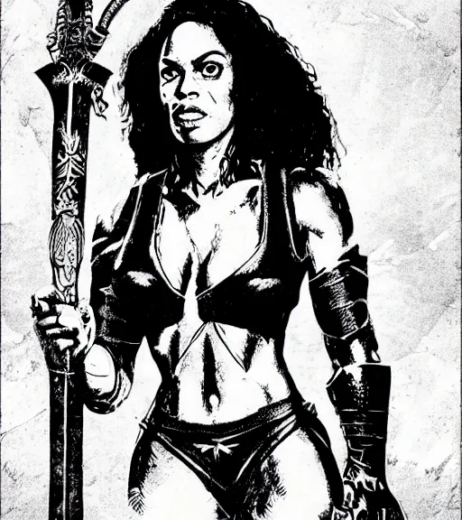 Prompt: 1 9 8 0 s fantasy novel book cover, amazonian rosario dawson in extremely tight bikini armor wielding a cartoonishly large sword, exaggerated body features, dark and smoky background, low quality print