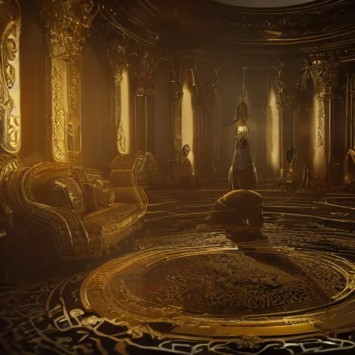 Prompt: golden and luxurious palace of asgard interior, 8k hd concept art, hyperrealistic, ultra detailed, cinematic, cinematic lighting, featured on artstation, octane render