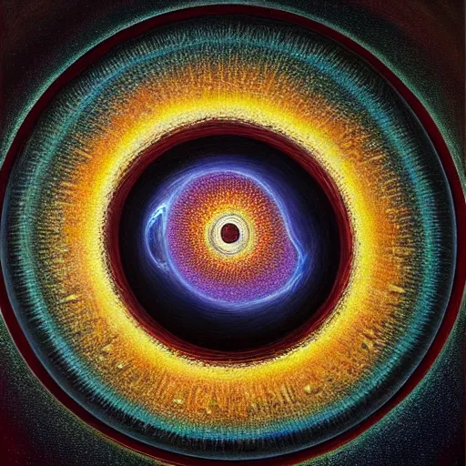 Image similar to alex grey oil painting of a black hole, hyper detailed, close up, intricate
