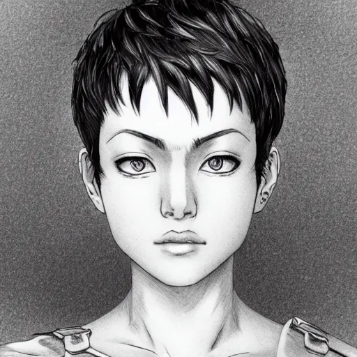 Prompt: portrait of a woman with short short short short short white hair, 1 2 3 4, medium shot, illustration, highly detailed, high quality, by kentaro miura