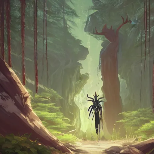 Image similar to concept art painting of an anthropomorphic dragon king with black robes, a long neck, and skull mask, in a deep forest, cel shaded, in the style of makoto shinkai and james gurney and studio ghibli and moebius