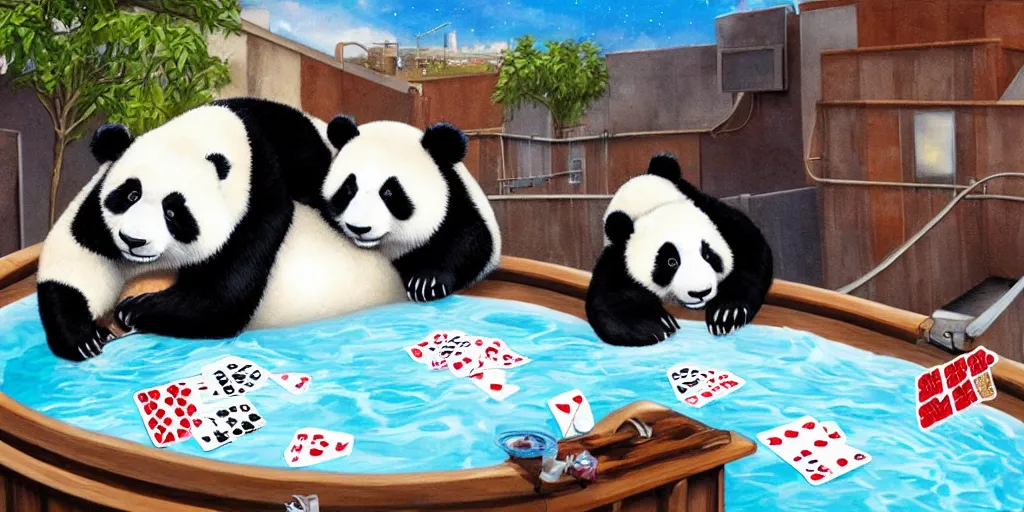 Image similar to A panda playing cards in a hot tub on a roof top, Greg Simkins