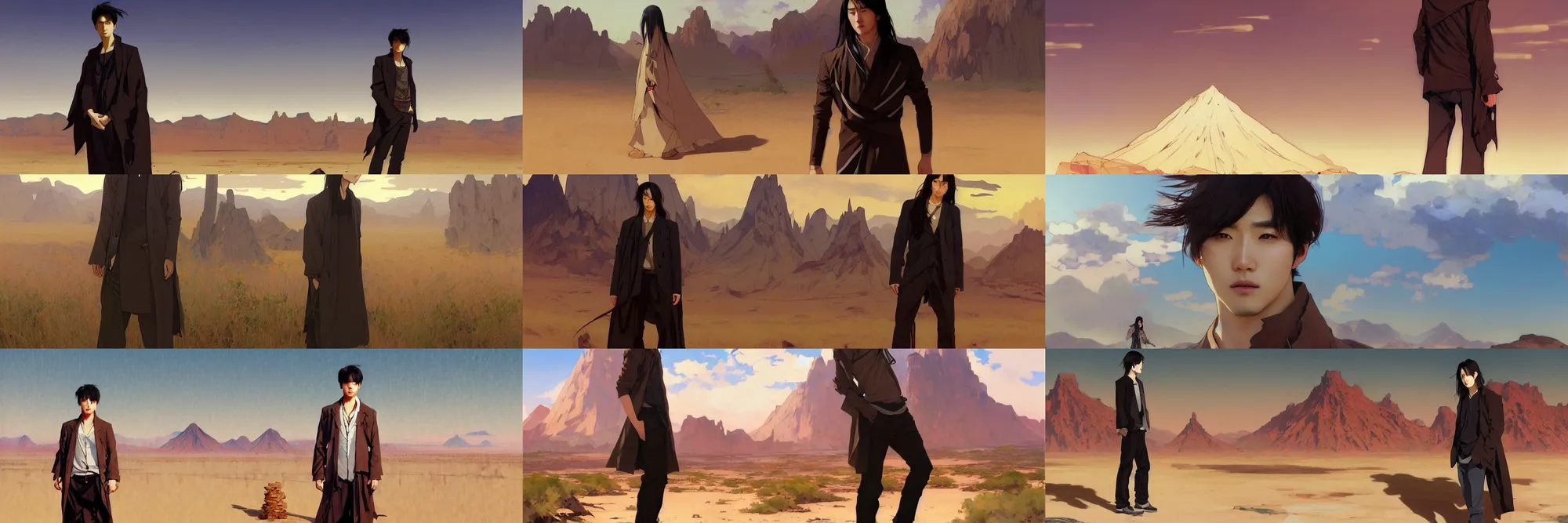 Prompt: a trendy korean adult male model with long dark straight hair standing in the desert by greg rutkowski and alphonse mucha, Background is a screenshot by krenz cushart, pixiv contest winner, action painting, 2d game art, official art, award-winning, art by Studio Ghibli, by Chris Moore, high details