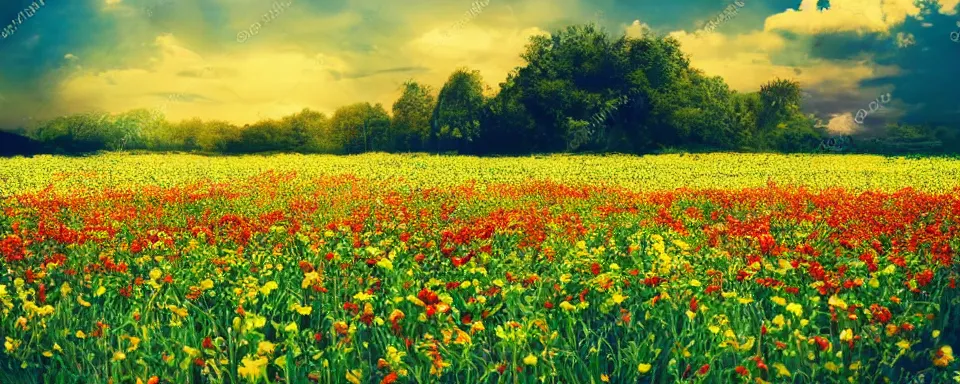 Image similar to movie scene with a beautiful flower field