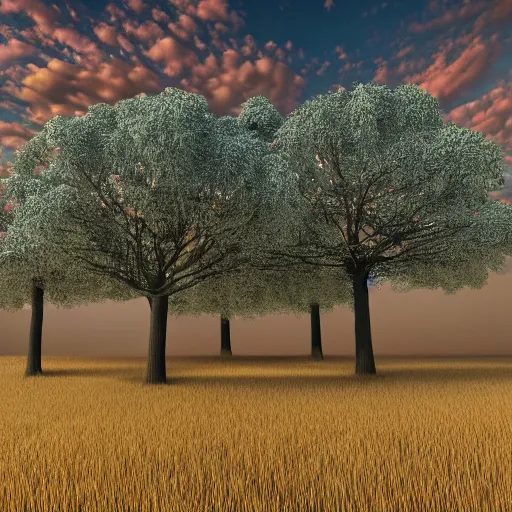 Prompt: trees on the hill with no shadows, without shadows, 3 d render, weird, dreamcore, dream fever, detailed