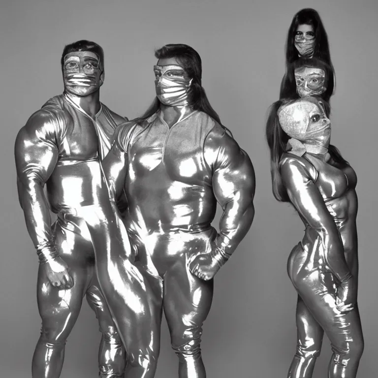 Image similar to 1990's sears portrait photos, an incredibly extremely muscular bodybuilder man and woman wearing shiny reflective full-body latex suits and masks