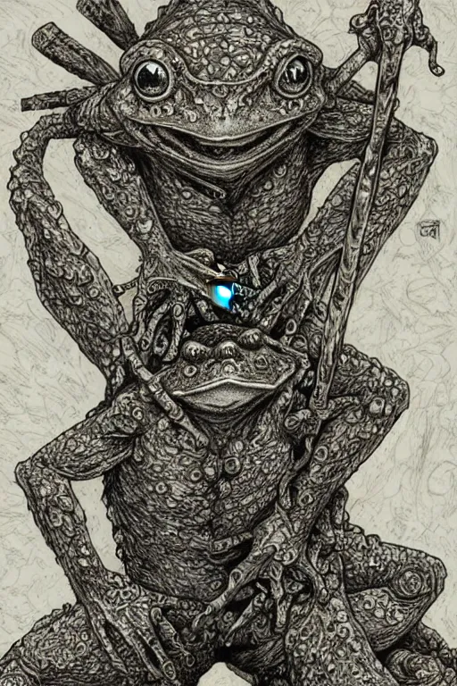 Image similar to humanoid frog warrior, toad themed, bog, symmetrical, highly detailed, digital art, sharp focus, trending on art station, kentaro miura manga art style