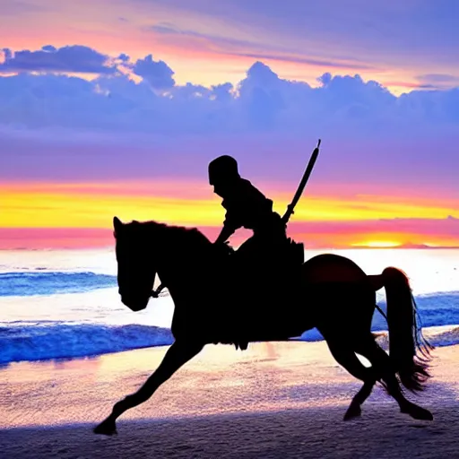 Prompt: ninja riding a horse toward sunset