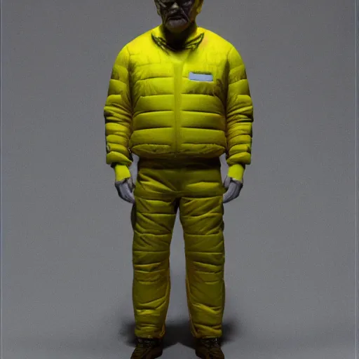Image similar to multicolor 3 d render of walter white wearing yellow outfit by @ beeple _ crap in 4 k ultra high resolution, with depressive feeling