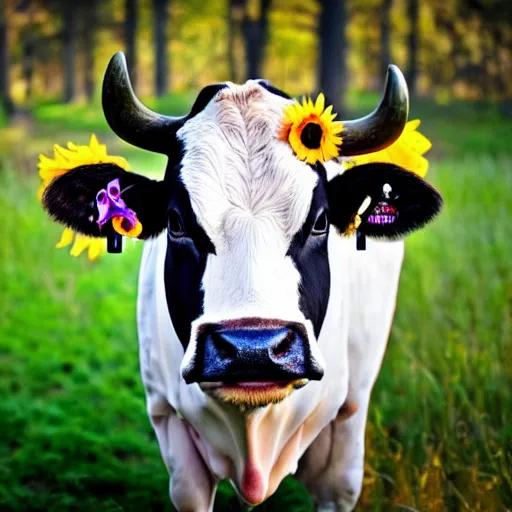 Image similar to a southern belle cow with a black and white bow on head, sunflower background, 4k, rustic colors, country style