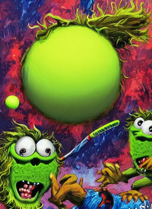 Image similar to tennis ball monsters playing tennis, a tennis ball monster ,tennis ball, funny, digital art, fantasy, magic, trending on artstation, ultra detailed, professional illustration,chalk, poster artwork by Basil Gogos , clean