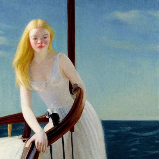 Image similar to Painting of Elle Fanning on a pirate ship, long blonde hair, delicate, pale milky white porcelain skin, by Edward Hopper. 8K. Extremely detailed.